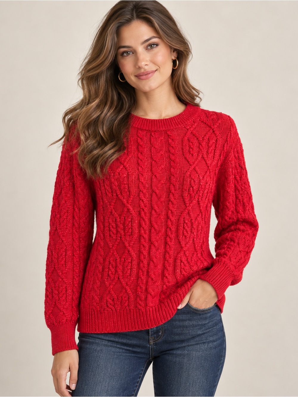 crown & ivy Red Cable Knit Crew Sweater